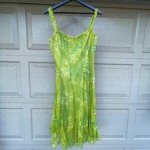 Elana Kattan Green Mesh Floral Tiered Midi Dress Lettuce Hem Y2K Vintage Size 1